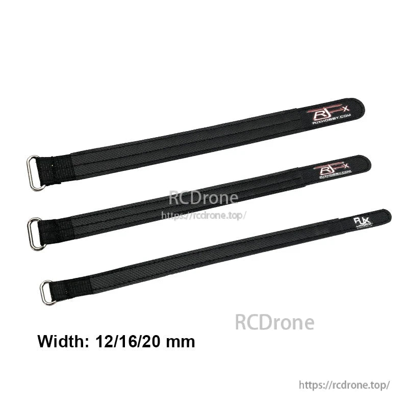 RJXHOBBY Kevlar battery straps with metal D-ring, shown in three widths: 12 mm, 16 mm and 20 mm