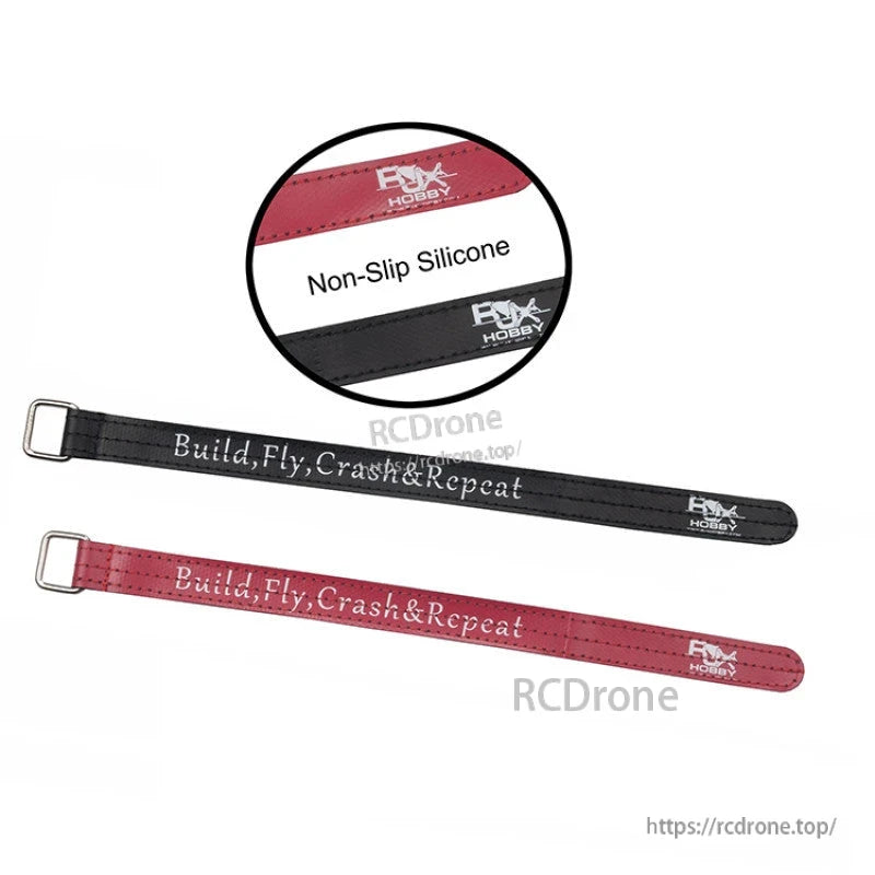 RJXHOBBY Kevlar Stitched Battery Strap, RJXHOBBY non-slip silicone battery strap with metal buckle and stitched edging, shown in black and red