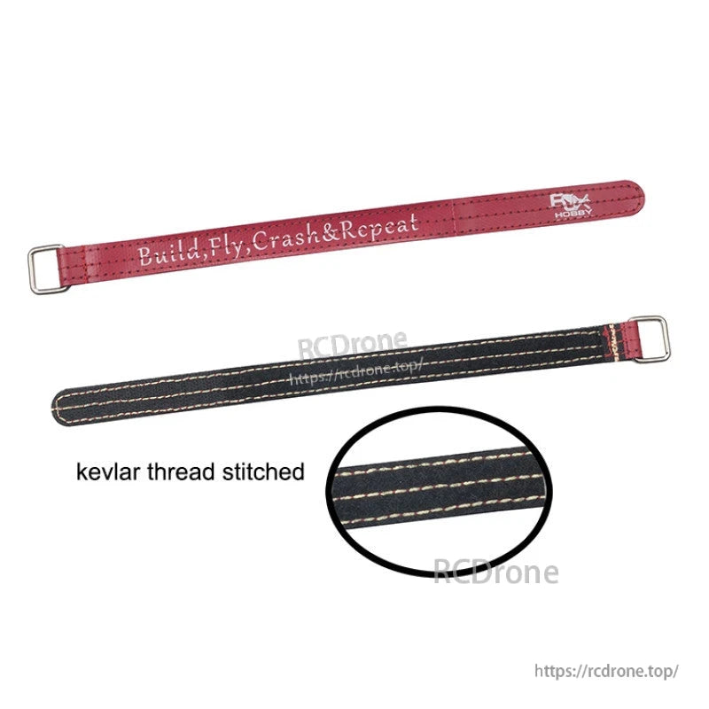 RJXHOBBY kevlar stitched battery strap with metal buckle, shown in red and black with reinforced stitching