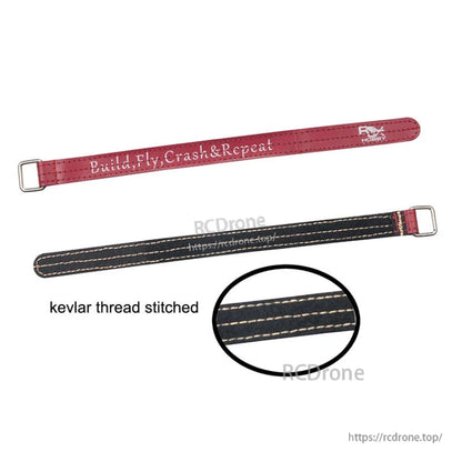 RJXHOBBY kevlar stitched battery strap with metal buckle, shown in red and black with reinforced stitching