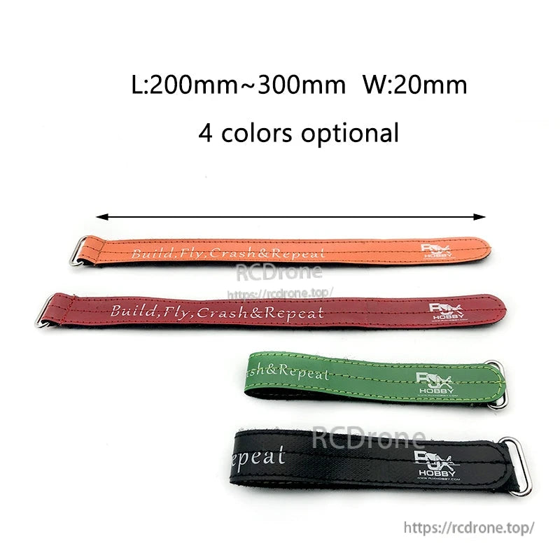 RJXHOBBY Kevlar Stitched Battery Strap, Four 20mm wide stitched battery straps with metal buckles in orange, red, green, and black, 200–300mm long