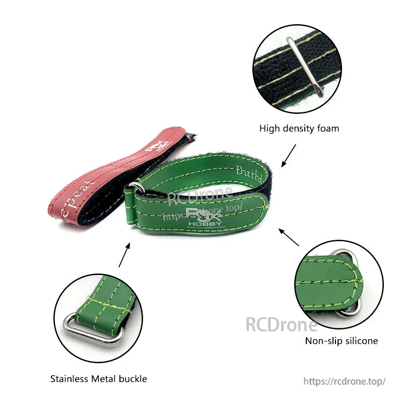 RJXHOBBY Kevlar Stitched Battery Strap, Kevlar stitched battery strap with stainless metal buckle and non-slip silicone backing, red and green