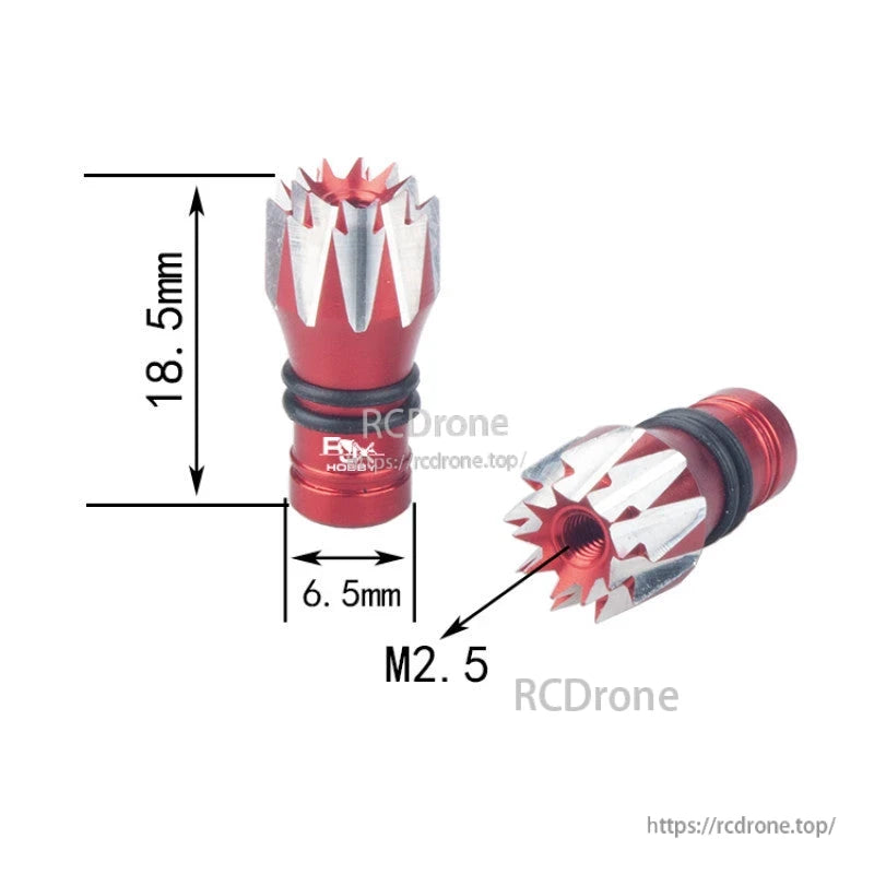 RJXHOBBY M2.5 Lotus Style Transmitter Stick, RJXHOBBY M2.5 lotus-style transmitter stick ends, red and silver, 18.5mm tall and 6.5mm wide