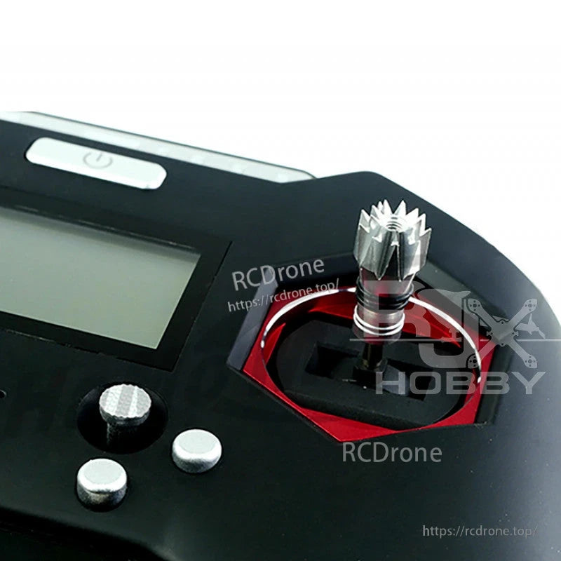 RJXHOBBY M2.5 Lotus Style Transmitter Stick, Metal Lotus-style M2.5 transmitter stick installed on RC radio gimbal, with serrated thumb top