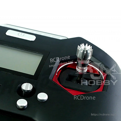 RJXHOBBY M2.5 Lotus Style Transmitter Stick, Metal Lotus-style M2.5 transmitter stick installed on RC radio gimbal, with serrated thumb top
