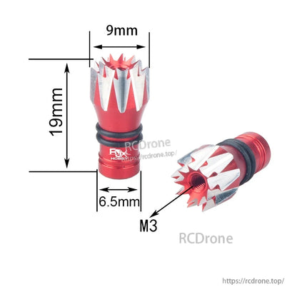 RJXHOBBY M3 Lotus Style Aluminum Gimbal Stick, Red and silver aluminum Lotus style M3 gimbal stick ends with O-ring, 19mm tall and 9mm wide