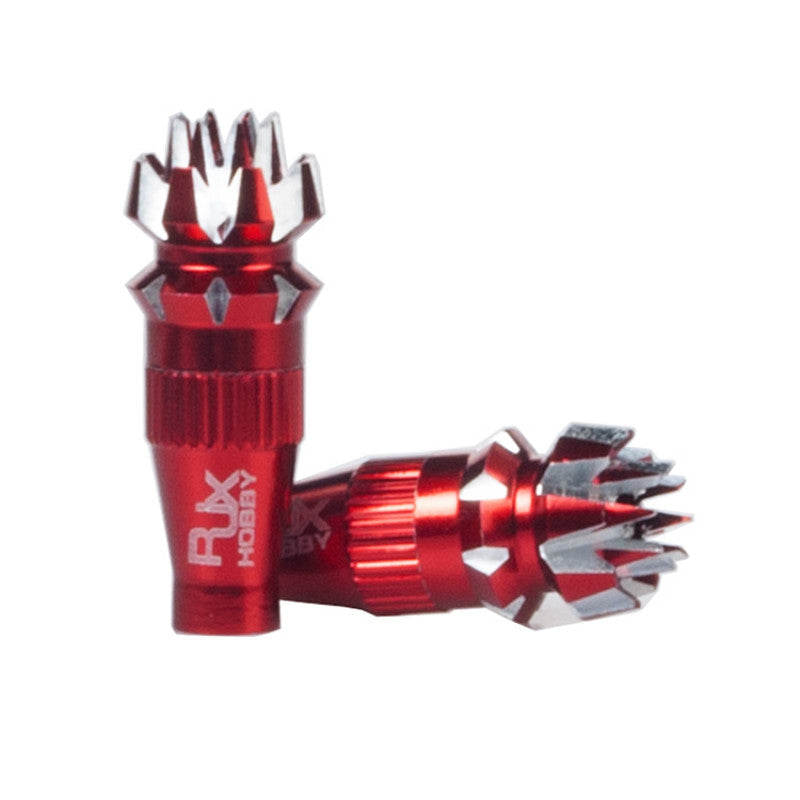 RJXHOBBY M4 Lotus Aluminum Gimbal Stick, Pair of red RJXHOBBY lotus-style aluminum gimbal sticks with knurled grip and crown-shaped top