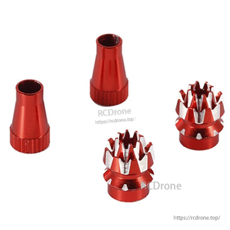 Red anodized RJXHOBBY M4 Lotus aluminum gimbal stick ends, including cone and crown-style tops for RC transmitters