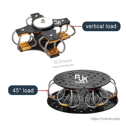RJXHOBBY steel wire rope gimbal shock absorber isolator, showing vertical and 45° load mounting views