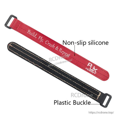 RJXHOBBY non-slip silicone battery strap with plastic buckle, shown in red and black with stitched edges