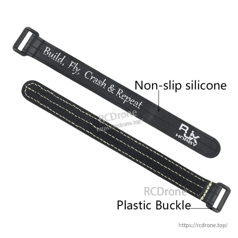 RJXHOBBY non-slip silicone battery strap with plastic buckle, black with stitched edges and printed logo