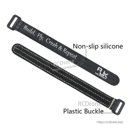 RJXHOBBY non-slip silicone battery strap with plastic buckle, black with stitched edges and printed logo