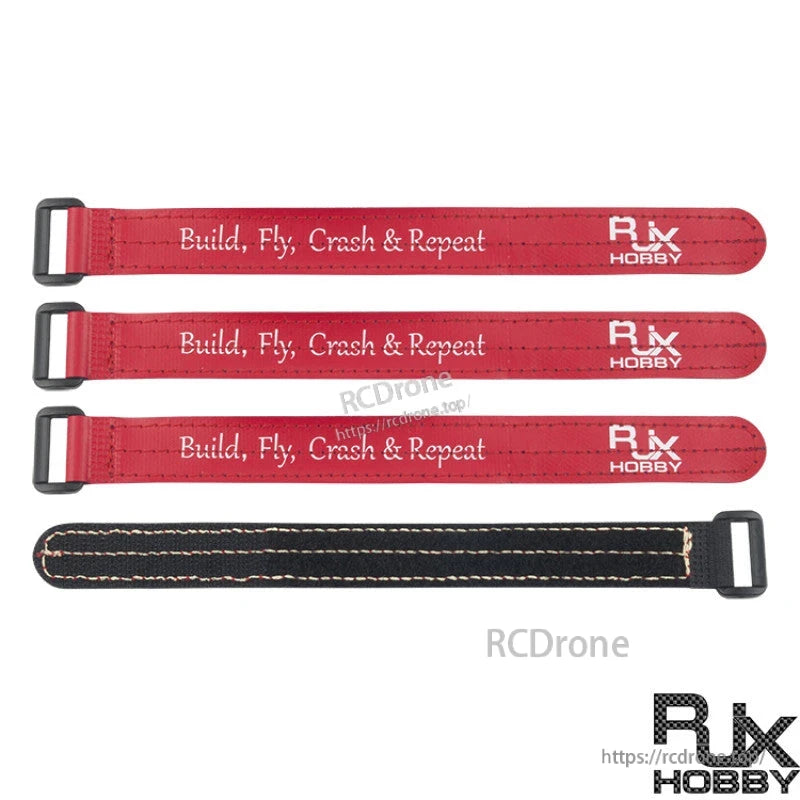 RJXHOBBY non-slip silicone battery straps with metal buckles, red printed “Build, Fly, Crash & Repeat” design