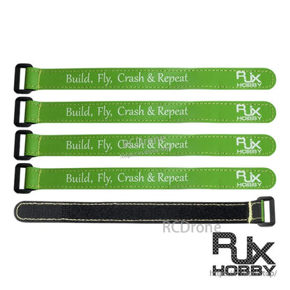 RJXHOBBY Non-Slip Silicone Battery Strap, RJXHOBBY green non-slip silicone battery straps with black buckles and “Build, Fly, Crash & Repeat” text