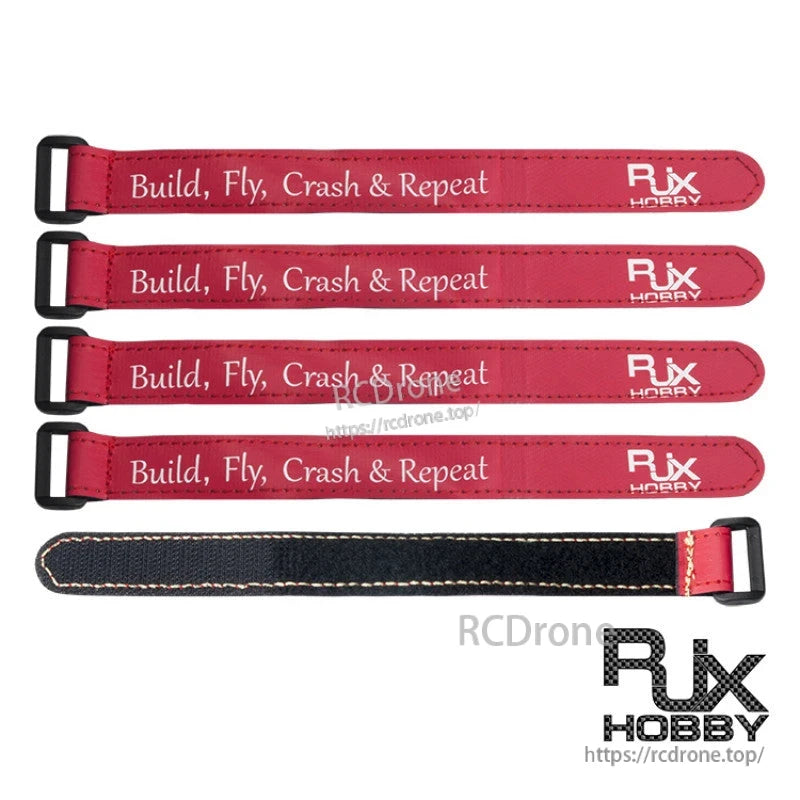 RJXHOBBY Non-Slip Silicone Battery Strap, RJXHOBBY red battery strap with black buckle and non-slip silicone backing, printed “Build, Fly, Crash & Repeat”.
