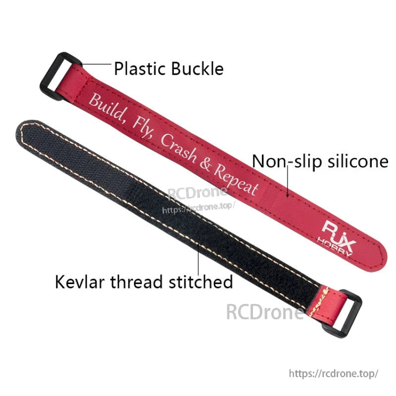 RJXHOBBY non-slip silicone battery strap with plastic buckle and Kevlar-thread stitching, red and black