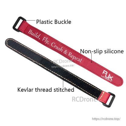 RJXHOBBY non-slip silicone battery strap with plastic buckle and Kevlar-thread stitching, red and black