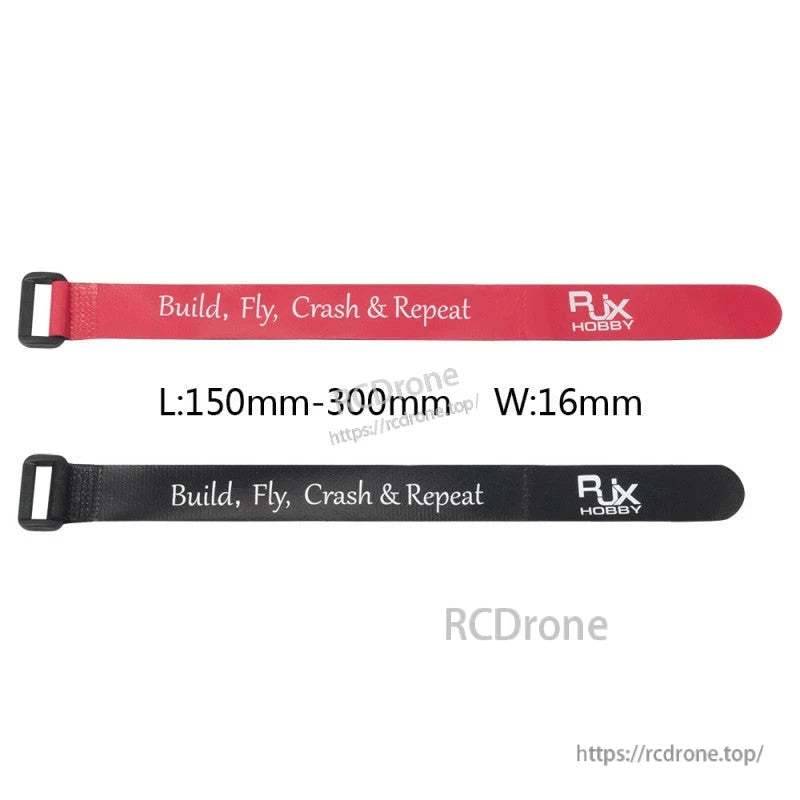 RJXHOBBY non-slip silicone battery strap with buckle, available in red or black, 16mm wide and 150–300mm long