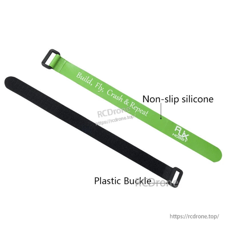 RJXHOBBY non-slip silicone battery strap with plastic buckle, shown in green and black
