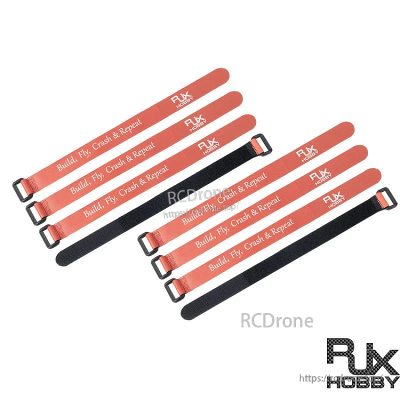 RJXHOBBY non-slip silicone battery straps with orange hook-and-loop design and metal buckle ends