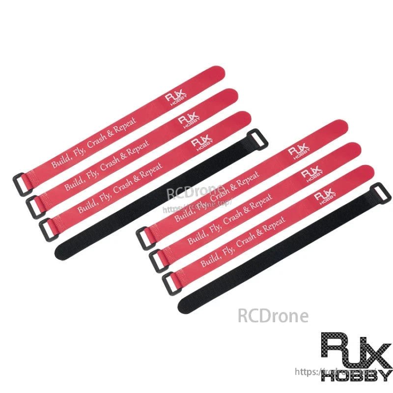RJXHOBBY non-slip silicone battery straps with metal buckles, red tops with black backing (set of 5)