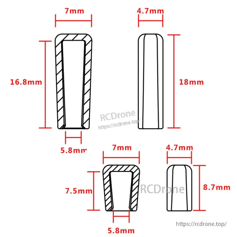 Dimension diagram for RJXHOBBY non-slip transmitter switch cover showing 7 mm width and 18 mm height options