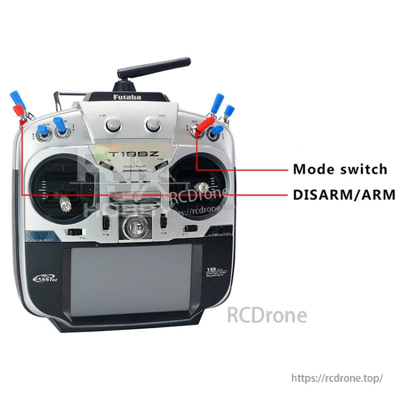 RJXHOBBY Non-Slip Transmitter Switch Cover, Futaba T18SZ RC transmitter with blue and red non-slip switch covers on top toggle switches