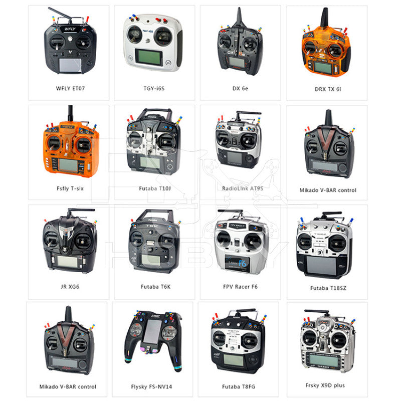 RJXHOBBY Non-Slip Transmitter Switch Cover, Compatibility chart showing RC transmitters with marked switch positions for RJXHOBBY non-slip switch covers