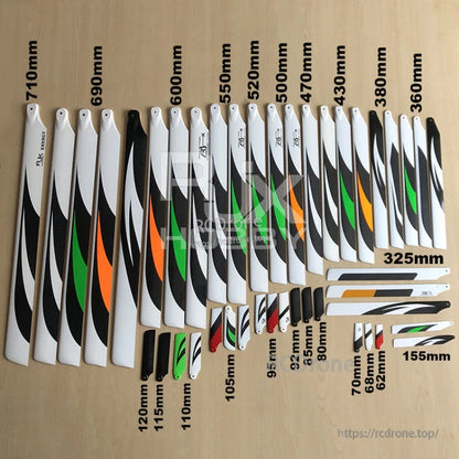 RJXHOBBY RJX 80mm 1K Carbon Fiber Tail Blades, Helicopter blade size chart showing main and tail blades with lengths labeled from 62mm to 710mm, including 80mm tail blades
