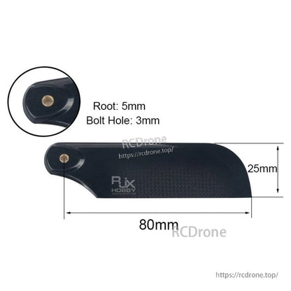RJXHOBBY RJX 80mm 1K Carbon Fiber Tail Blades, RJXHOBBY 80mm carbon fiber tail blade with 25mm width, 5mm root and 3mm bolt hole size