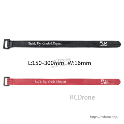 RJXHOBBY RJX Non-Slip Silicone Battery Strap, RJXHOBBY 16mm wide battery straps with metal buckle, shown in black and red, length 150–300mm