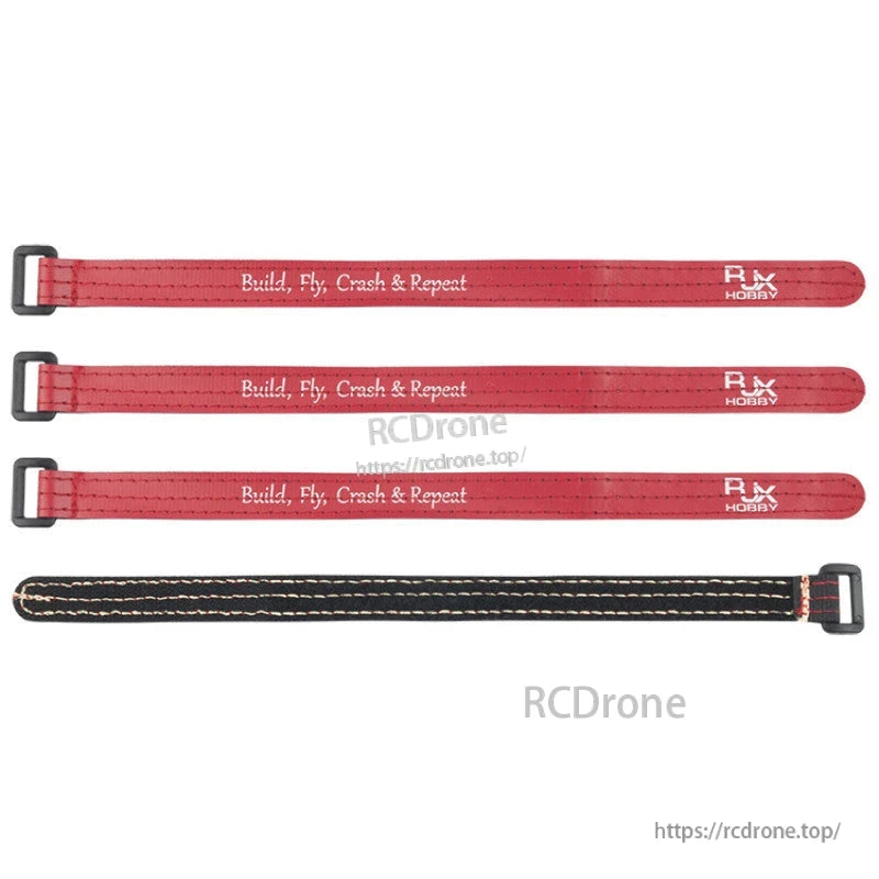 RJXHOBBY RJX Non-Slip Silicone Battery Strap, RJXHOBBY 16mm battery straps 4-pack with metal buckles, red straps with "Build, Fly, Crash & Repeat" text