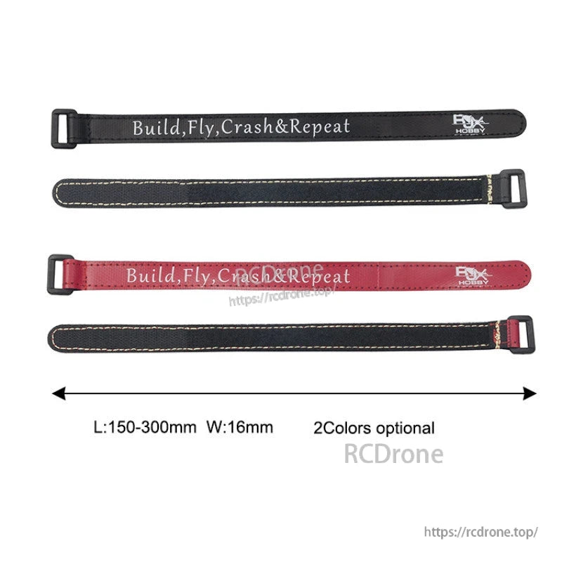 RJXHOBBY RJX non-slip silicone battery strap with metal buckle, 16mm wide, 150–300mm length, black or red