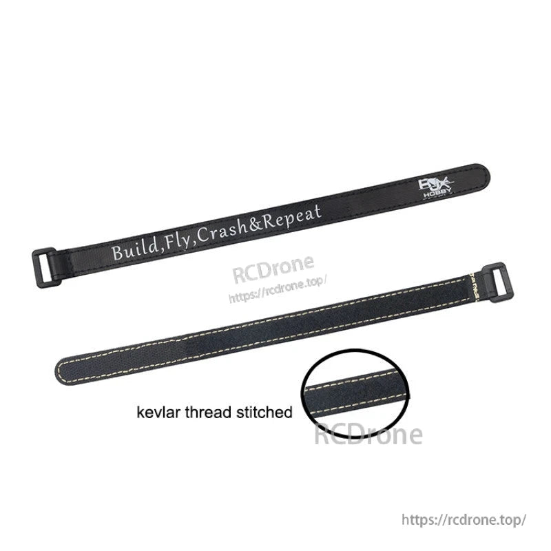 RJXHOBBY RJX Non-Slip Silicone Battery Strap, RJXHOBBY black battery strap with metal buckle and Kevlar-stitched edges, “Build, Fly, Crash & Repeat” text