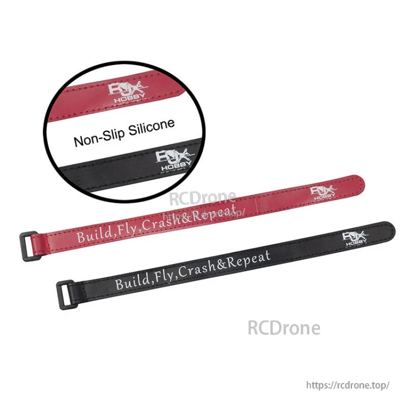 RJXHOBBY RJX Non-Slip Silicone Battery Strap, RJXHOBBY non-slip silicone battery straps with metal buckles in red and black, with printed branding