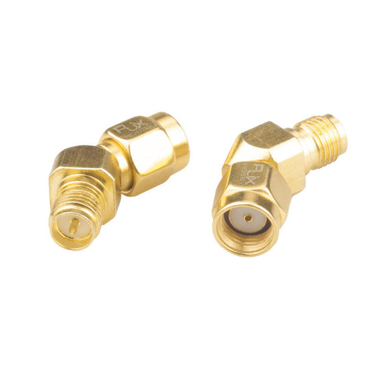 Two gold 45-degree RP-SMA male to RP-SMA female antenna adapter connectors for FPV receiver/goggles