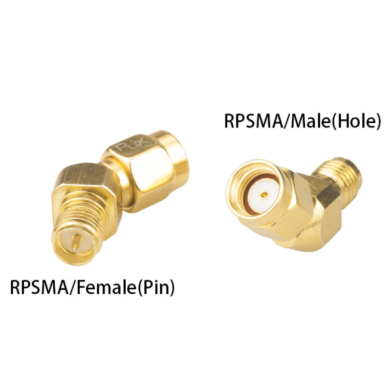 Gold 45° RP-SMA male to RP-SMA female right-angle antenna adapter connector with pin and hole ends