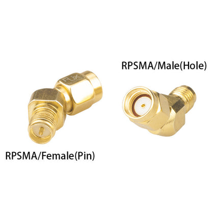 Gold 45° RP-SMA male to RP-SMA female right-angle antenna adapter connector with pin and hole ends