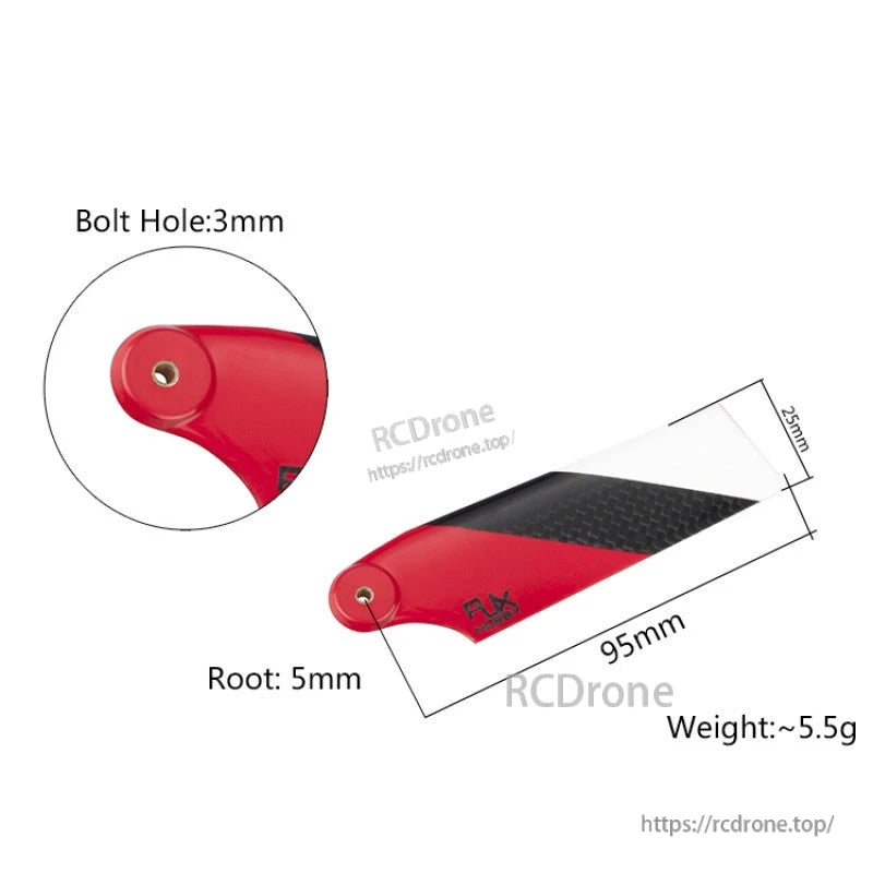 RJXHOBBY Red 95mm Carbon Fiber Tail Blades, Red and carbon fiber RC helicopter tail blade, 95mm long with 3mm bolt hole and 5mm root thickness