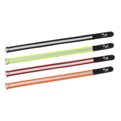 RJXHOBBY reflective battery strap with metal buckle, shown in four colors with a wide reflective strip