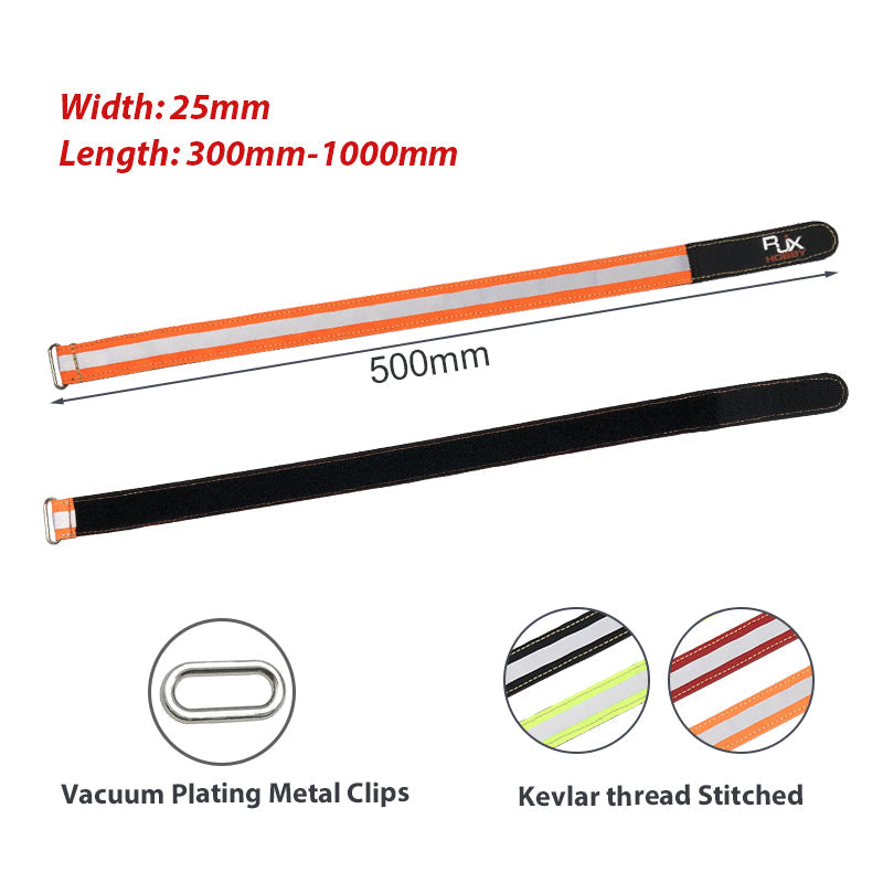 RJXHOBBY reflective battery strap, 25mm wide with metal buckle, orange with reflective stripe, 500mm length