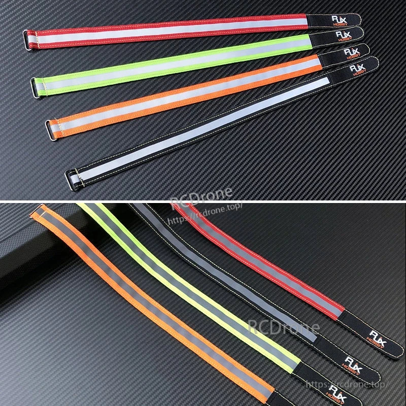 RJXHOBBY Reflective Battery Strap, RJXHOBBY reflective hook-and-loop battery straps with reflective center strip in red, green, orange, and gray
