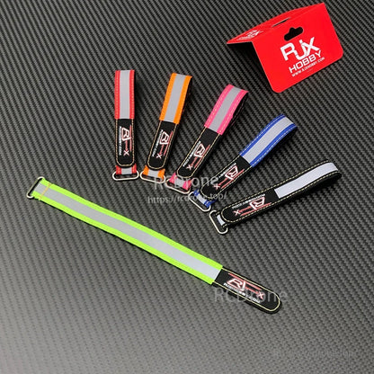 RJXHOBBY Reflective Battery Strap 2pcs, Assorted RJXHOBBY reflective battery straps with metal buckle, shown in multiple colors with reflective strip