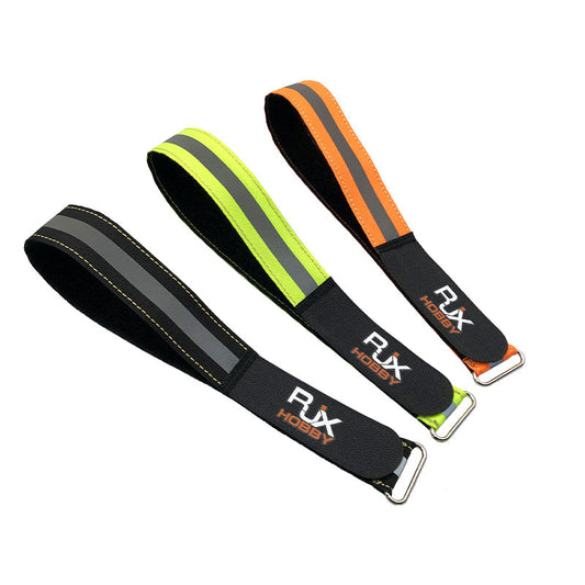 RJXHOBBY Reflective Battery Strap, RJXHOBBY reflective hook-and-loop battery straps with metal buckles in black, green, and orange