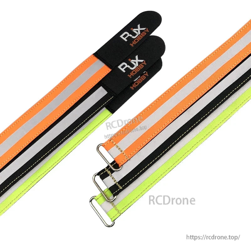 RJXHOBBY reflective battery straps with metal buckles, black ends, and orange, black, and neon green bands
