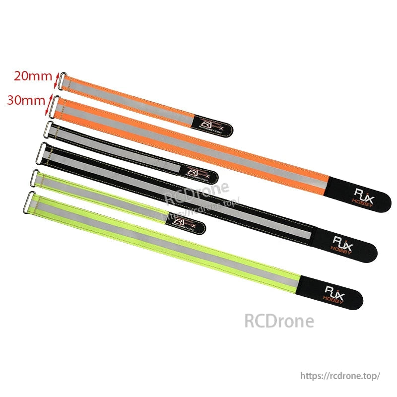 RJXHOBBY reflective battery straps with metal buckles, available in 20mm and 30mm widths in orange, black and green