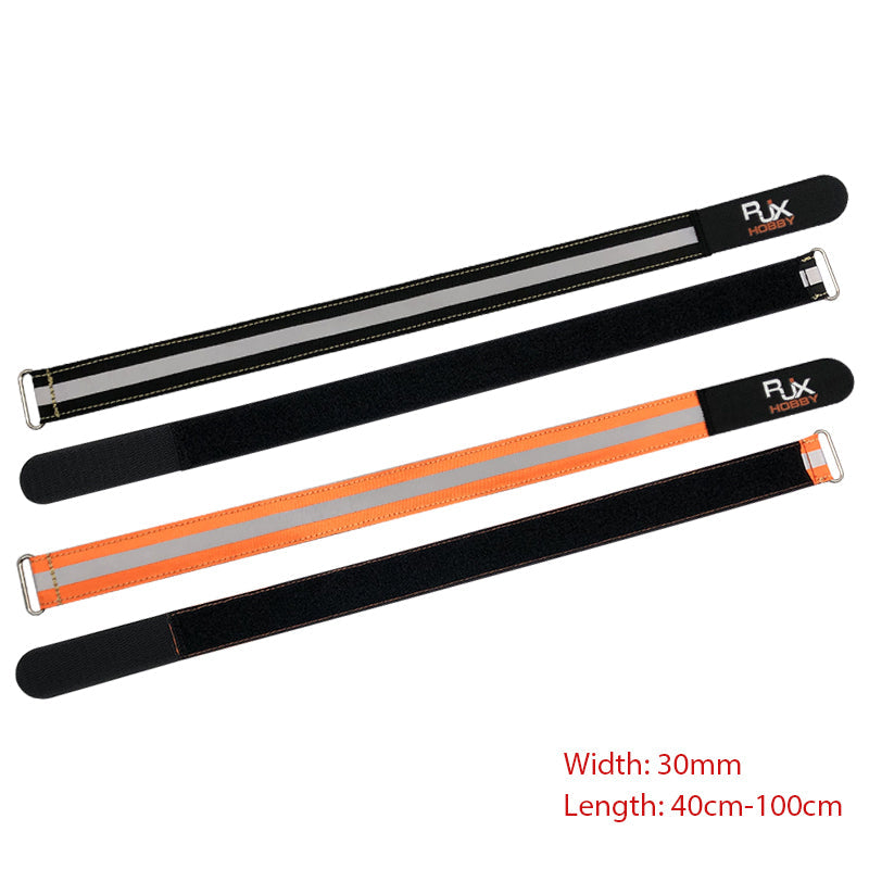 RJXHOBBY reflective battery strap with hook-and-loop closure, 30mm wide, available in black or orange