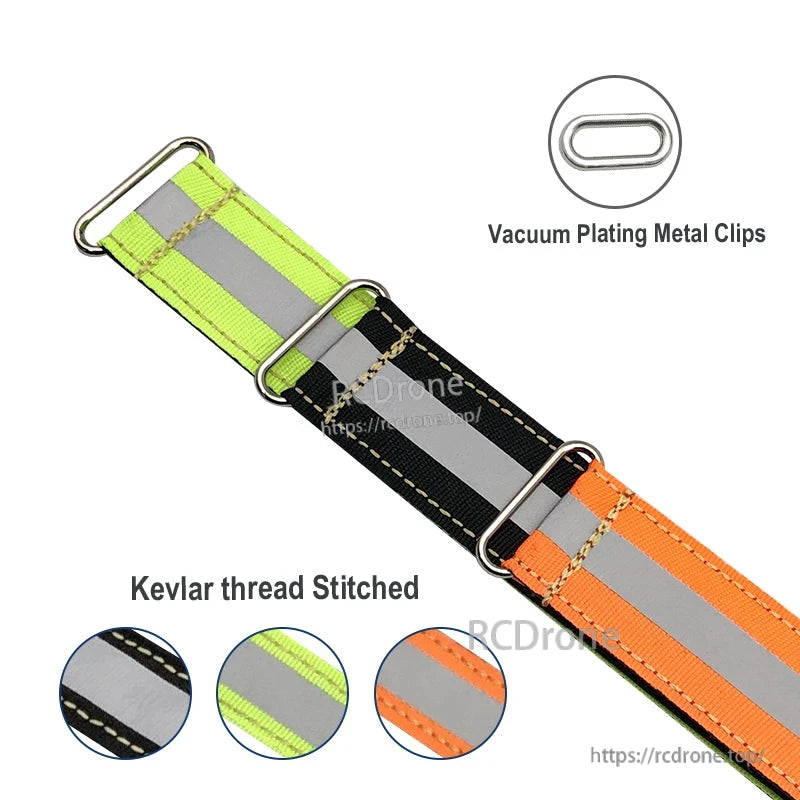 RJXHOBBY reflective battery straps with gray reflective strip, Kevlar stitching, and metal clips in three colors