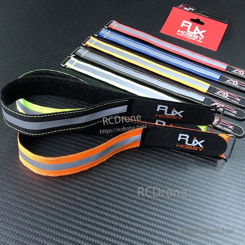 RJXHOBBY reflective battery strap with metal buckle and hook-and-loop closure, assorted colors