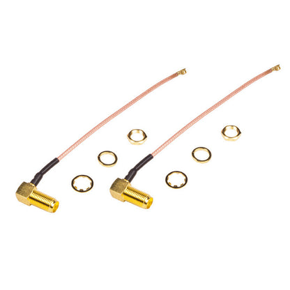 Right-angle SMA female bulkhead to U.FL/IPX pigtail extension cables with mounting nuts and washers